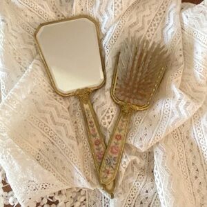 Antique Schildkraut Petitpoint Hairbrush + Mirror Set